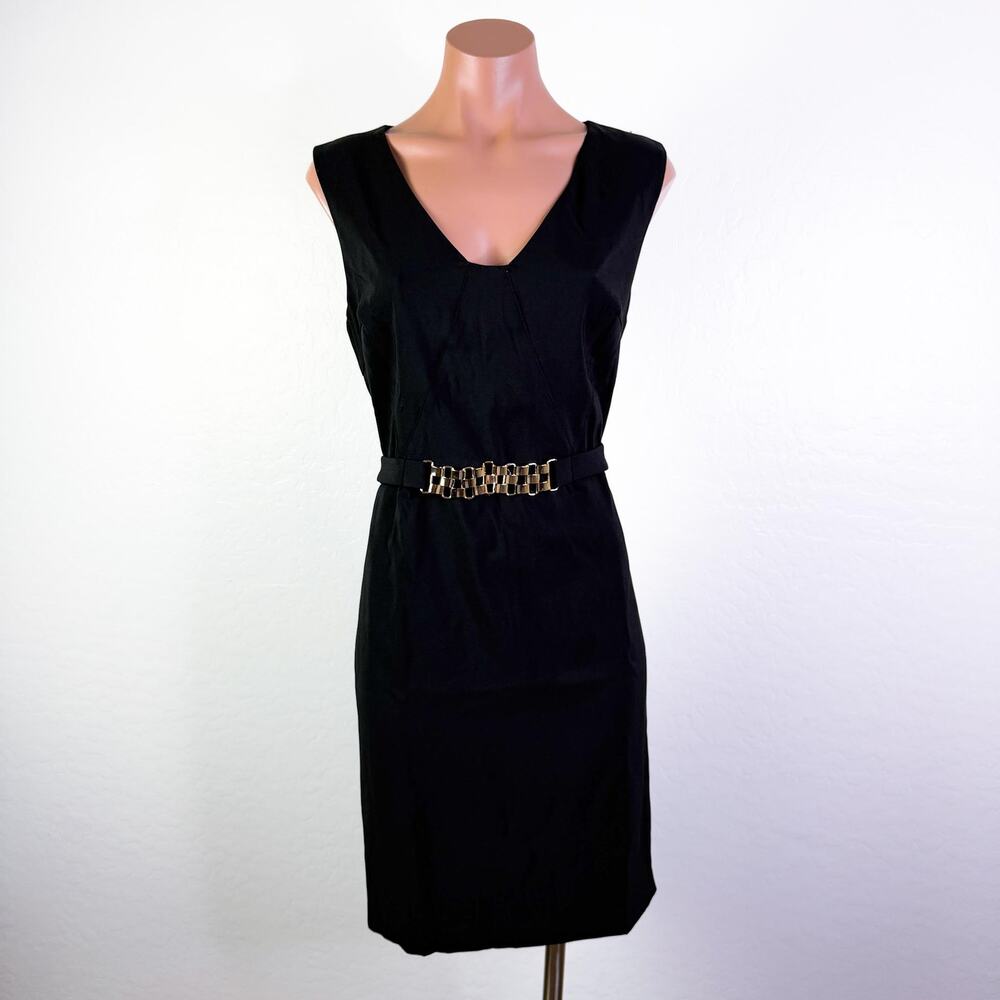 Minimalist Sleeveless V-Neck Gold Belted Sheath Dress Career Luxe Black XL NWT